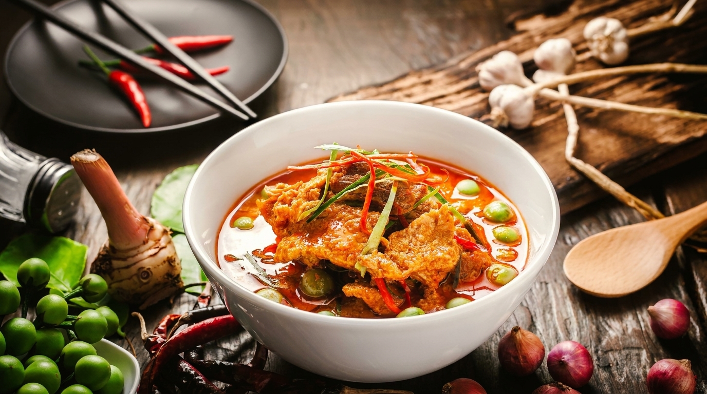 A bowl of red curry with meat and green peas, surrounded by spices and ingredients.