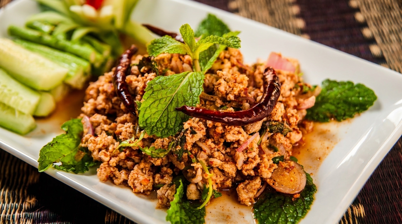 Spicy Thai larb with minced meat, mint, dried chilies, and sliced cucumbers on a white plate.