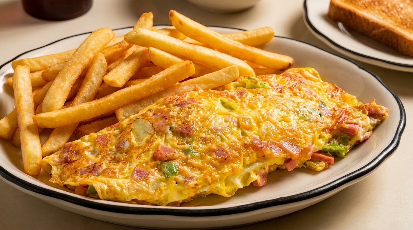 A fluffy omelet with ham and green peppers, served with golden french fries and toast.