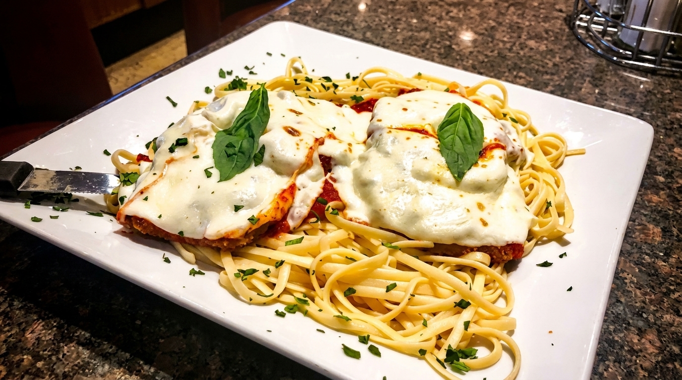 Chicken Parmesan with melted mozzarella, marinara sauce, fresh basil, and linguine pasta on a white plate.