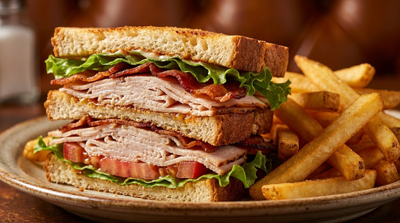 A stacked turkey club sandwich with bacon, lettuce, and tomato, served with golden french fries.