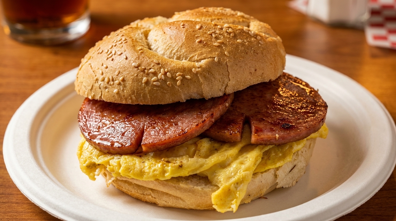 Close-up of a breakfast sandwich with scrambled eggs and grilled meat on a sesame seed bun.