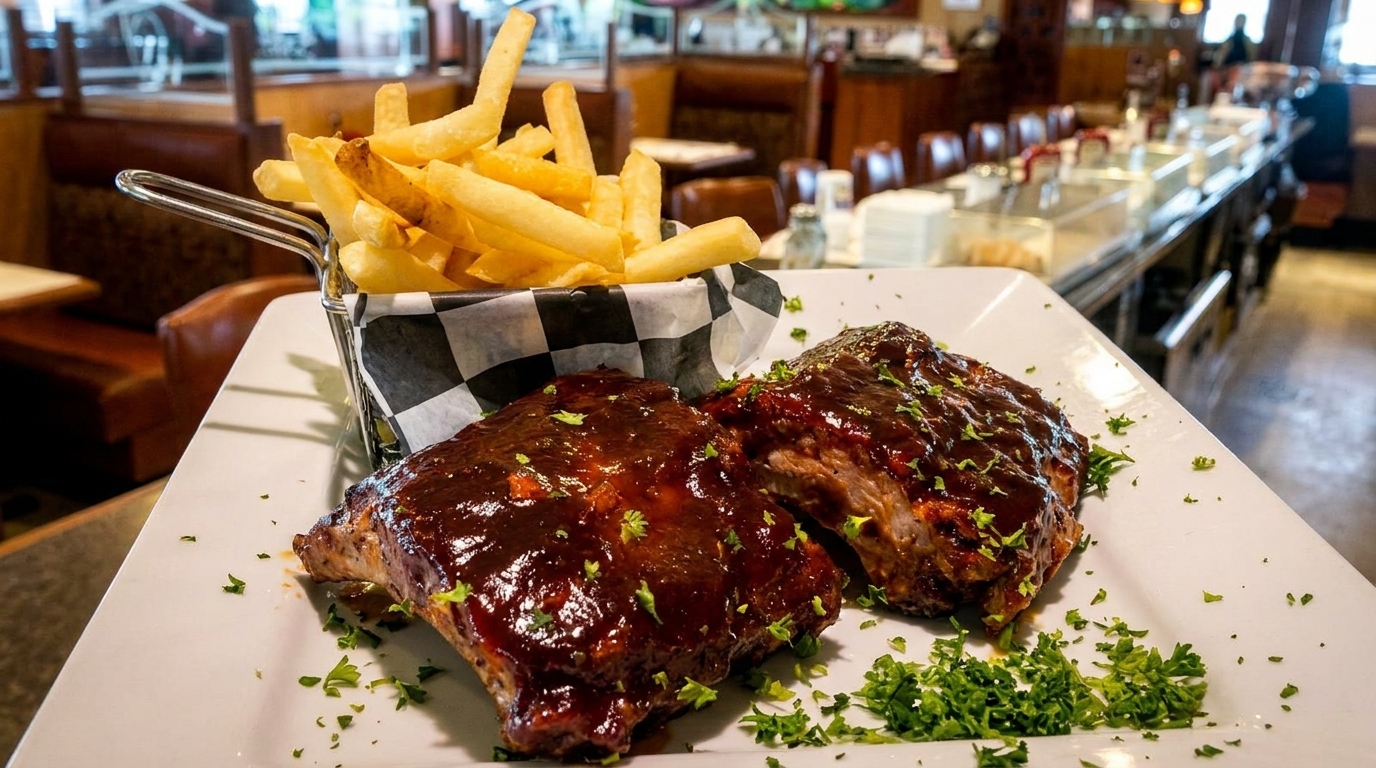 Two racks of BBQ ribs with fries in a metal basket on a white plate in a restaurant.