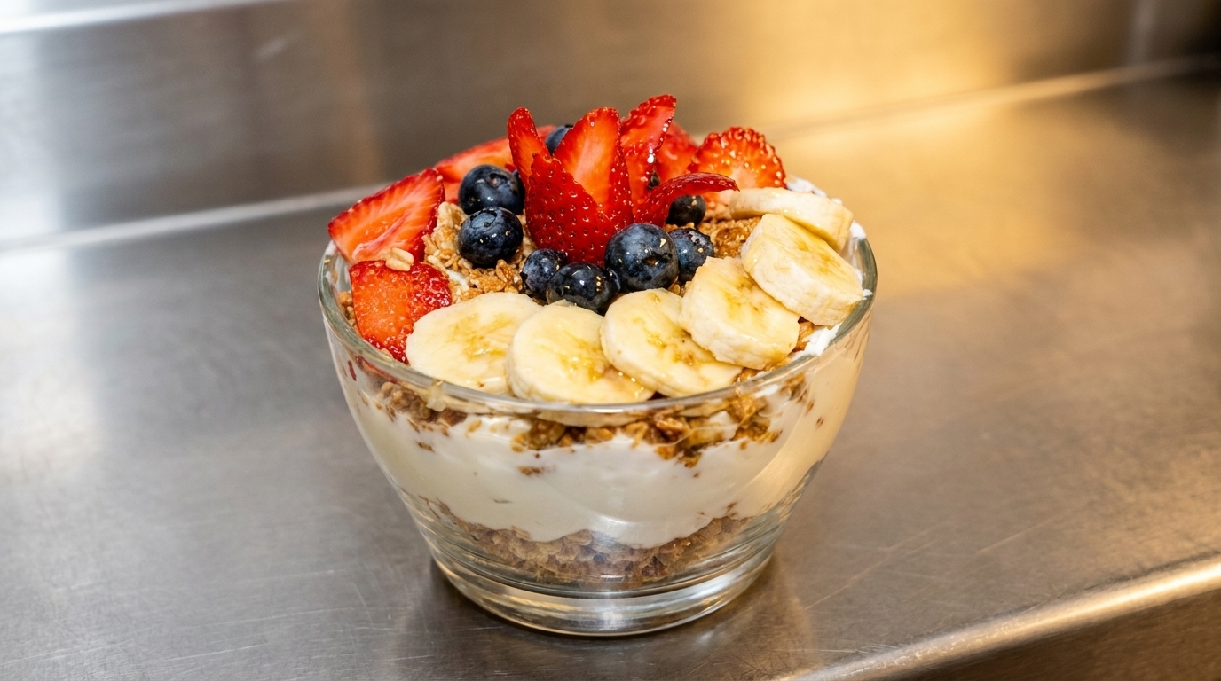 A clear glass bowl filled with yogurt, granola, sliced bananas, blueberries, and strawberries.