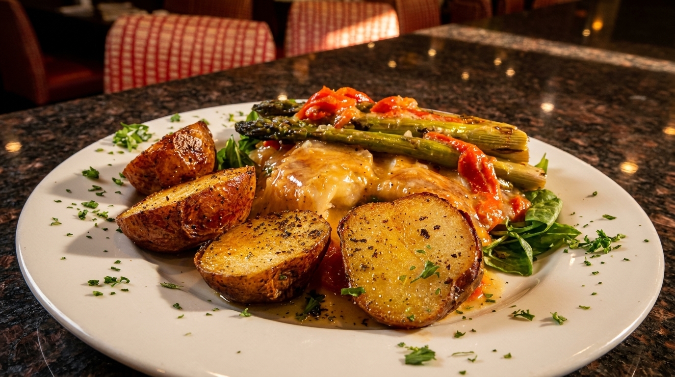 A plate of roasted potatoes, asparagus, and fish with sauce, garnished with parsley.