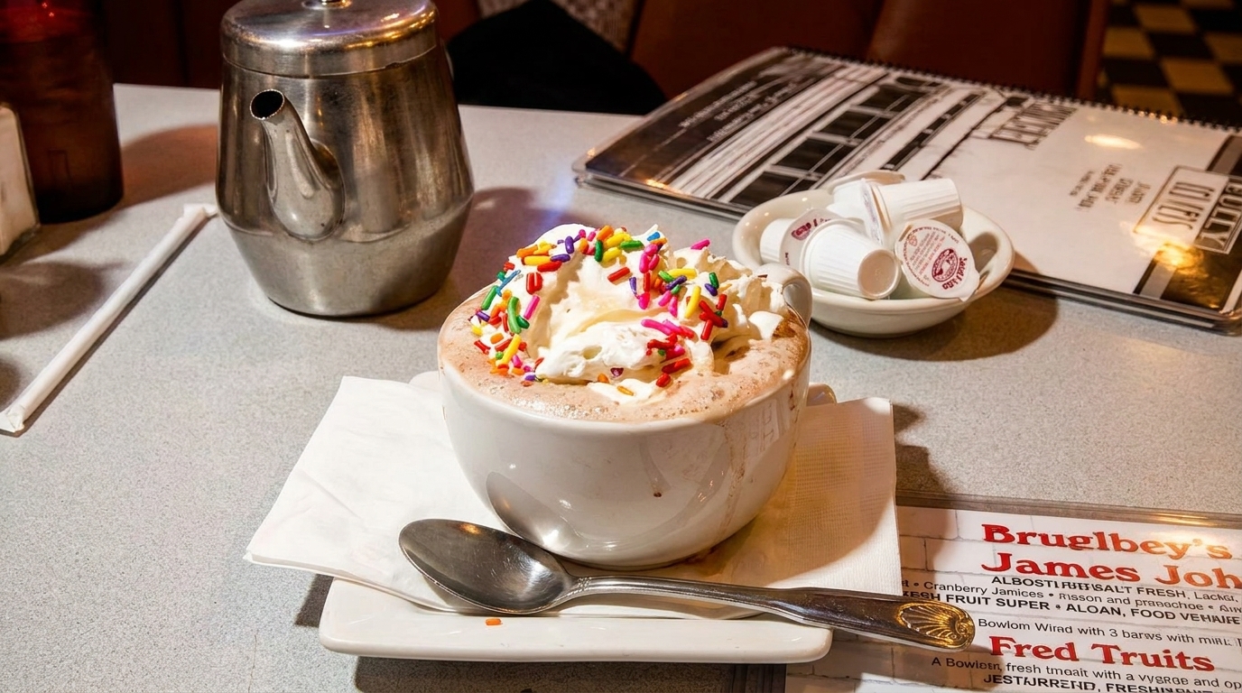 Hot chocolate with whipped cream and colorful sprinkles, a metal teapot, and a menu on a diner table.