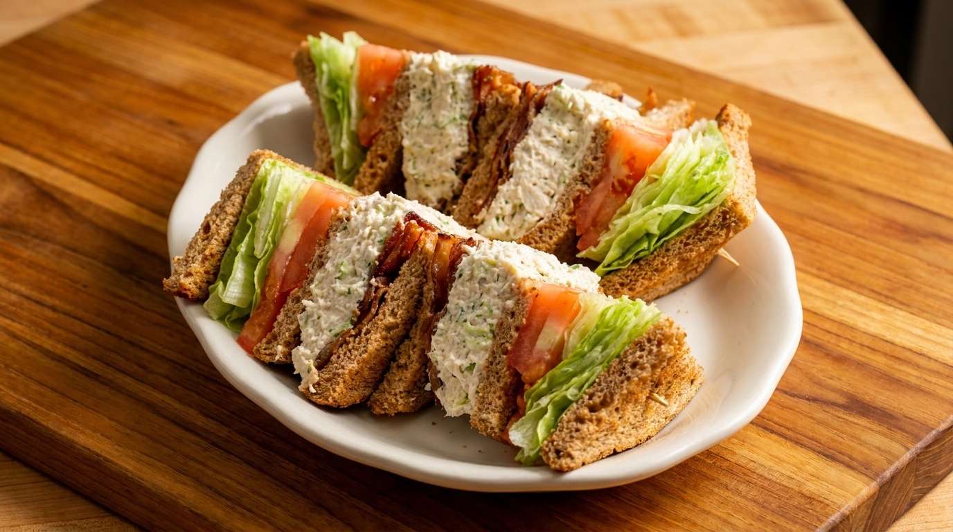 Club sandwiches with chicken salad, bacon, lettuce, and tomato on whole wheat bread.