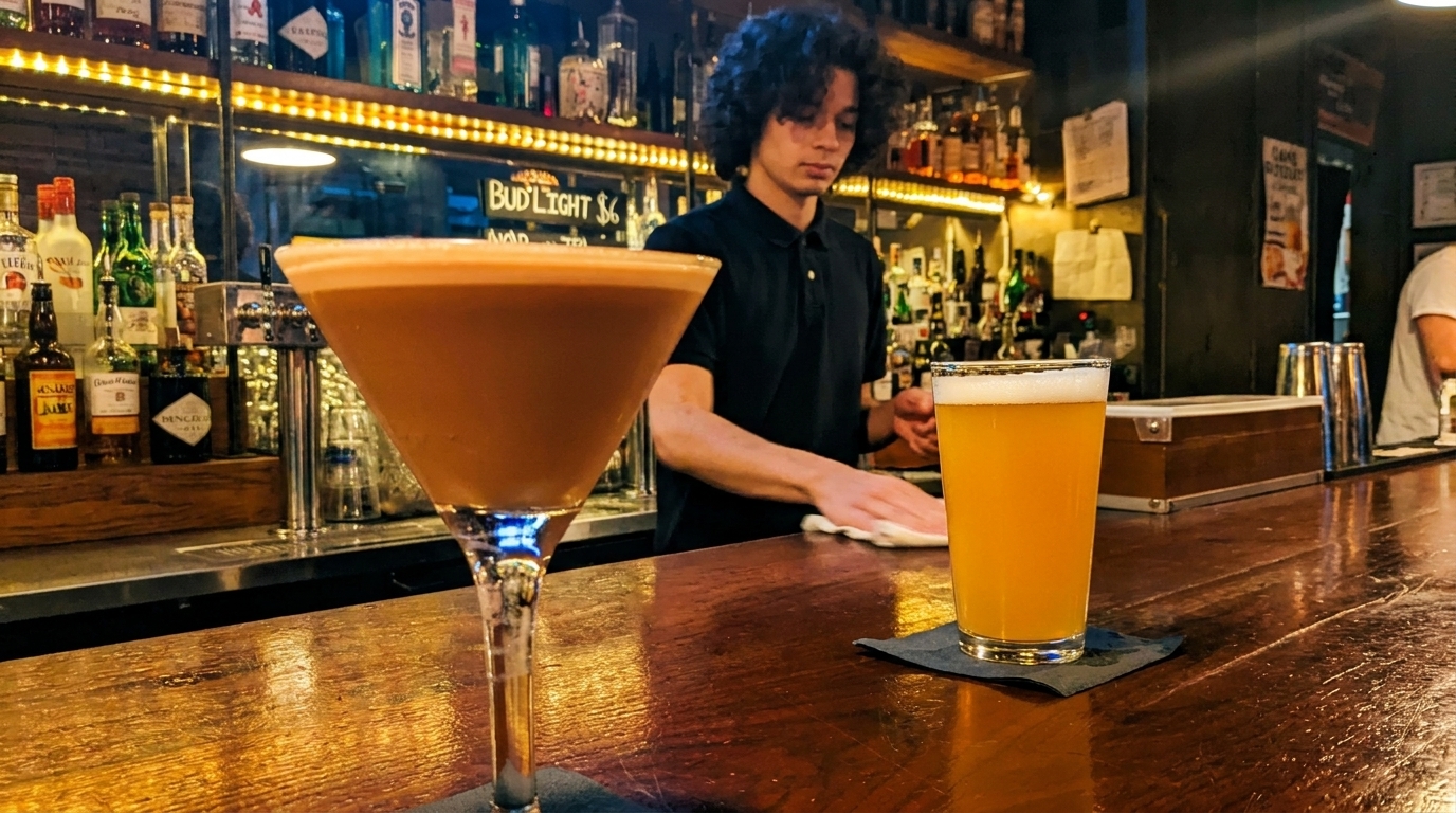 A bartender wiping a wooden bar counter, with a martini and a beer in the foreground.