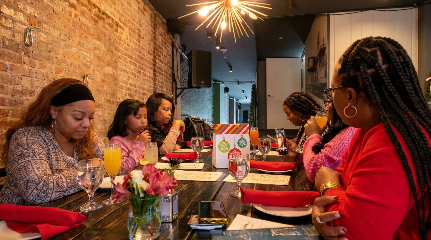Diverse group of women and a child dining at a long wooden table in a restaurant with brick walls.