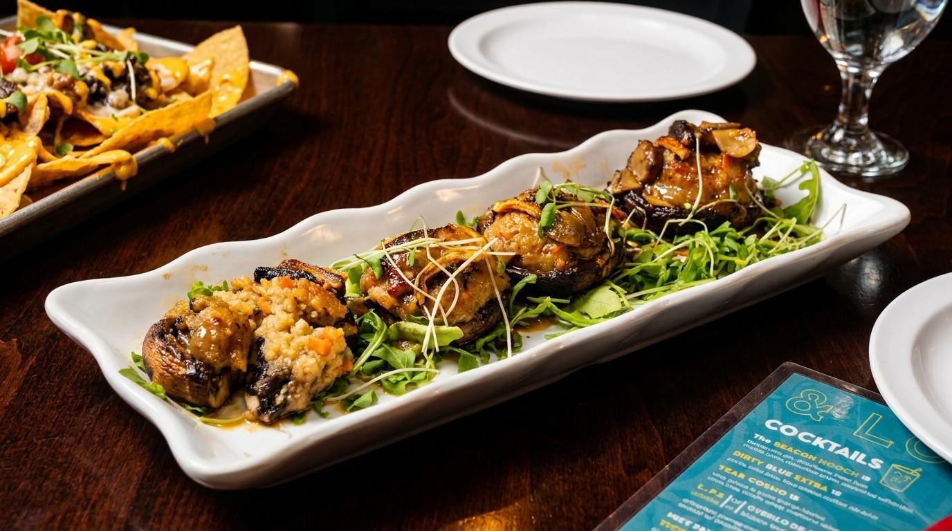 Stuffed mushrooms with greens on a white platter, with nachos and a cocktail menu in the background.
