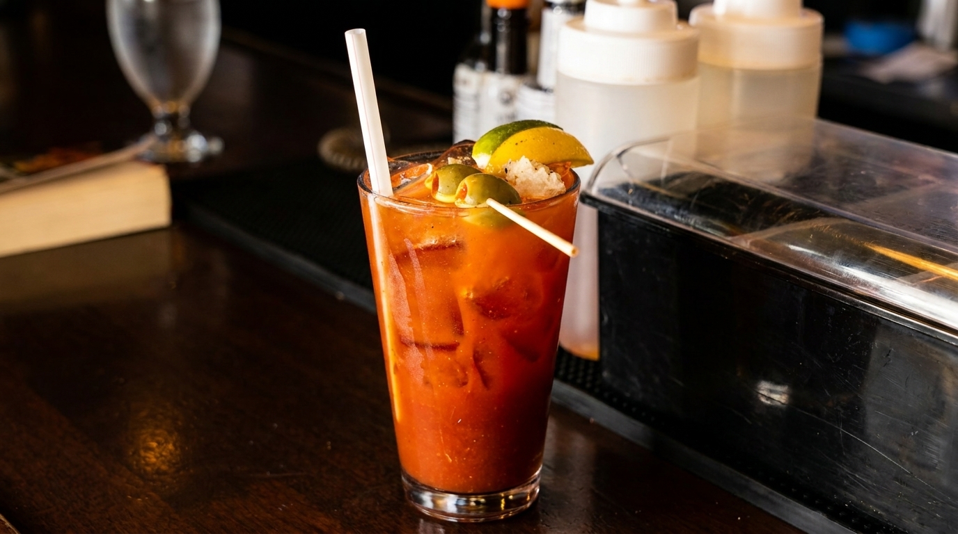 Bloody Mary cocktail with olives, lime, and a straw on a dark wooden bar.