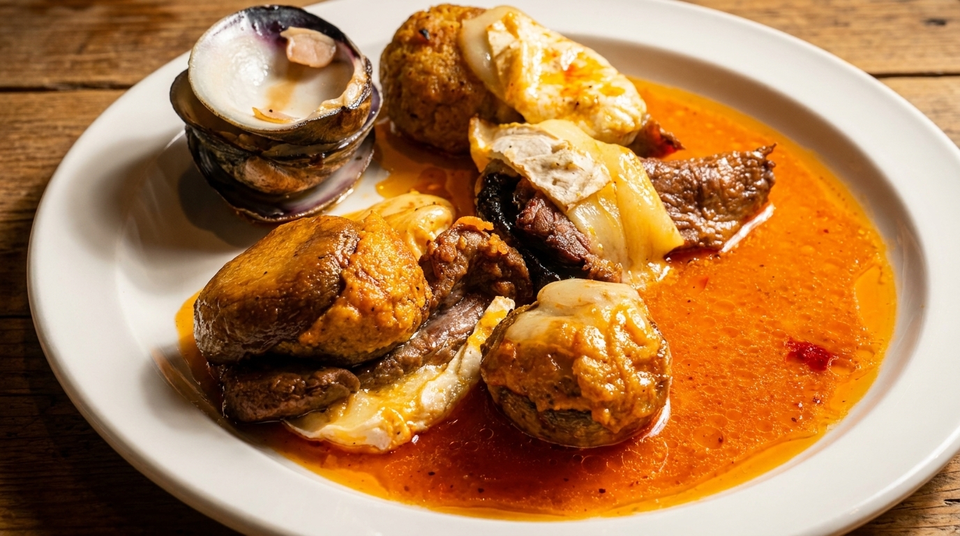 A white plate holds a dish with clams, stuffed mushrooms, and meat in a vibrant orange sauce.
