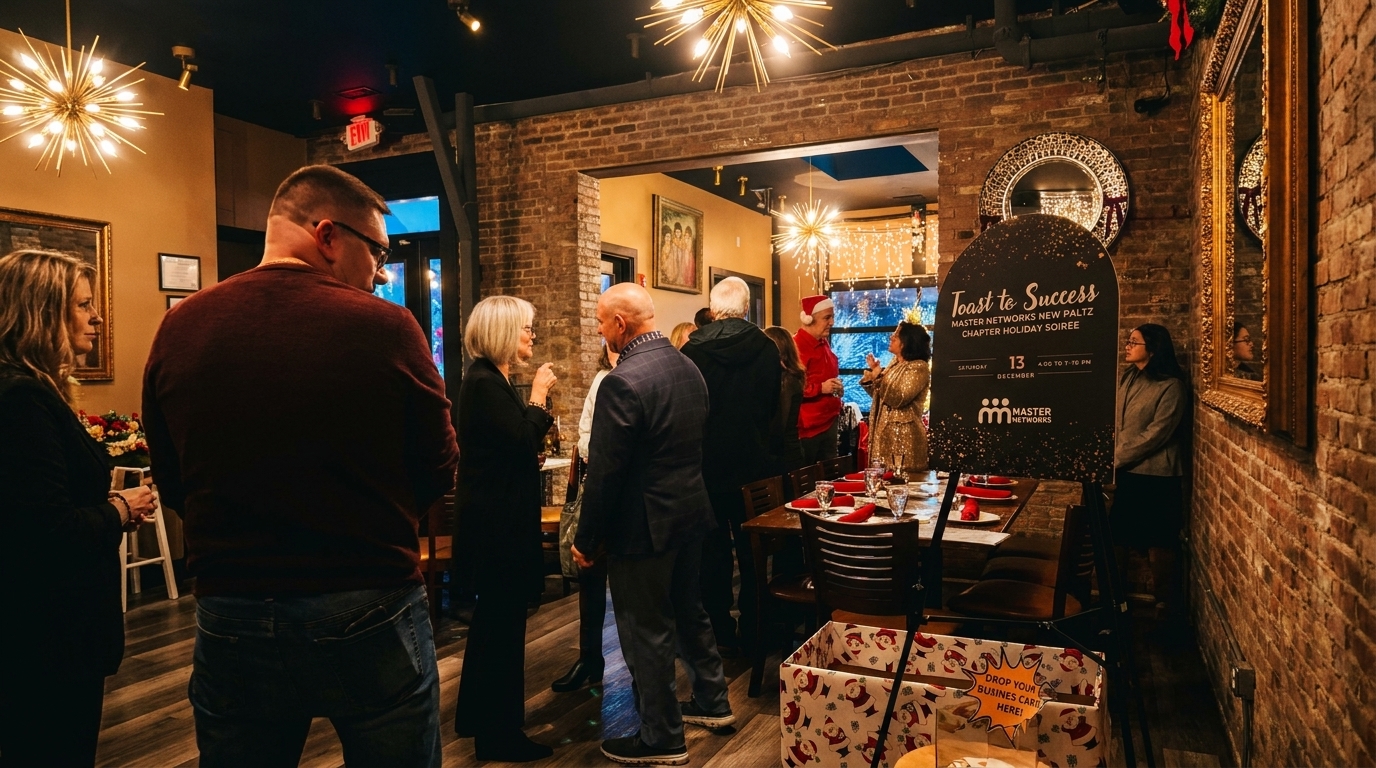 Guests mingle at a holiday soiree in a warmly lit restaurant with brick walls and festive decor.