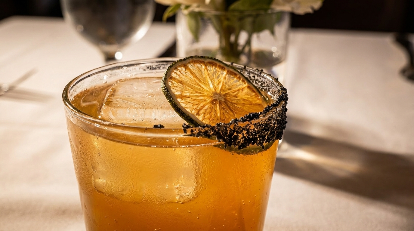 Close-up of a cocktail with a dried lime slice and a dark, textured rim on a white tablecloth.