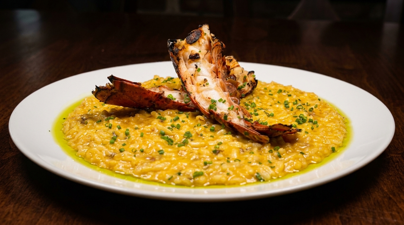 Grilled lobster tails on a bed of creamy yellow risotto, garnished with chives on a white plate.