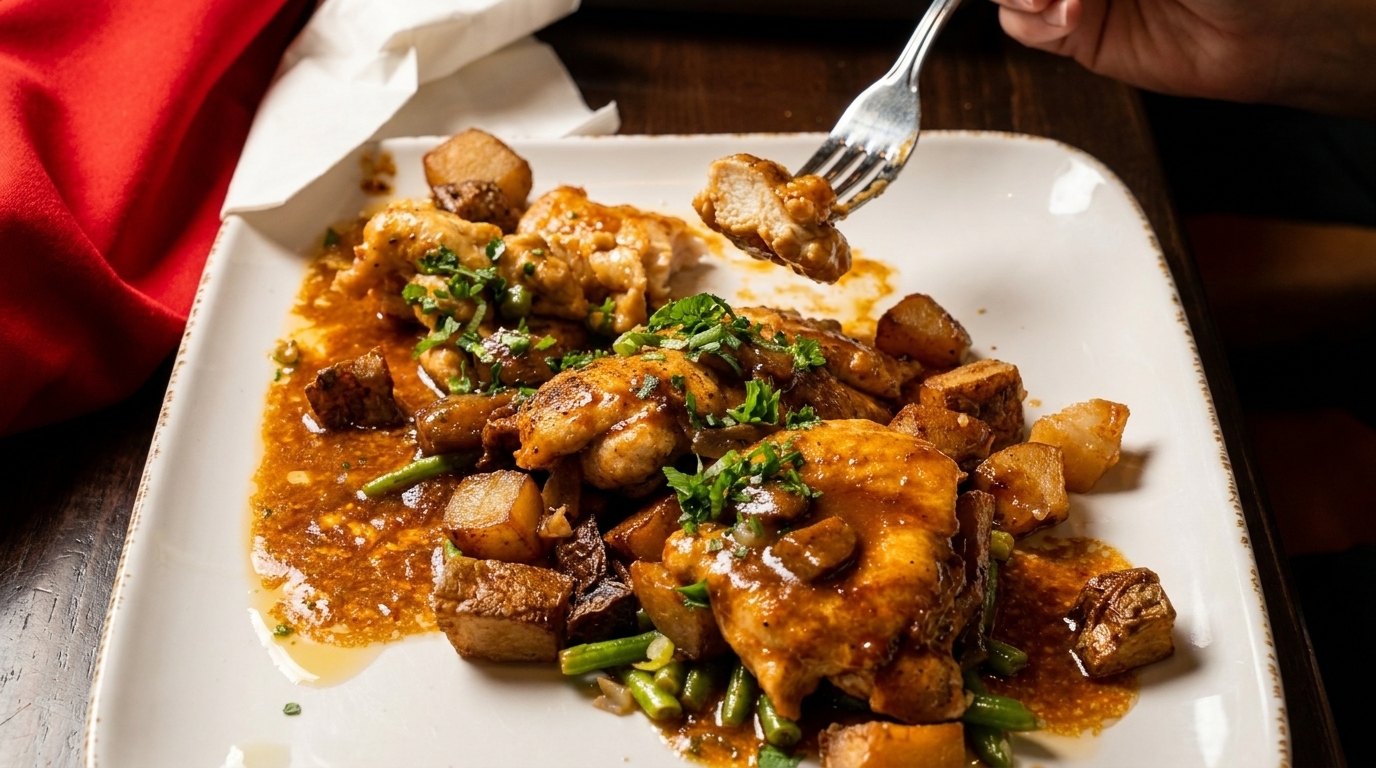 Chicken and potatoes in a rich sauce, garnished with parsley, with a fork lifting a piece.