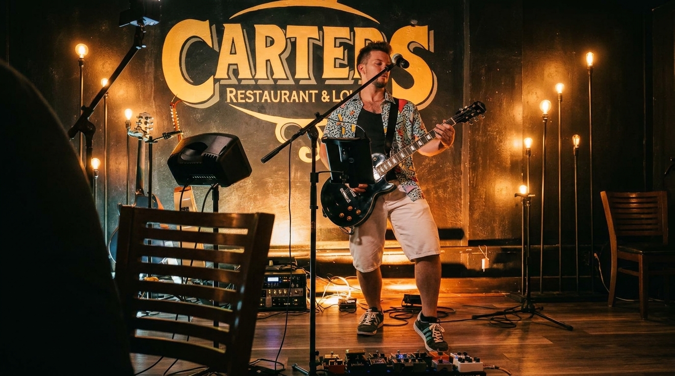 A musician playing an electric guitar on stage at Carters Restaurant & Lounge, illuminated by warm lights.