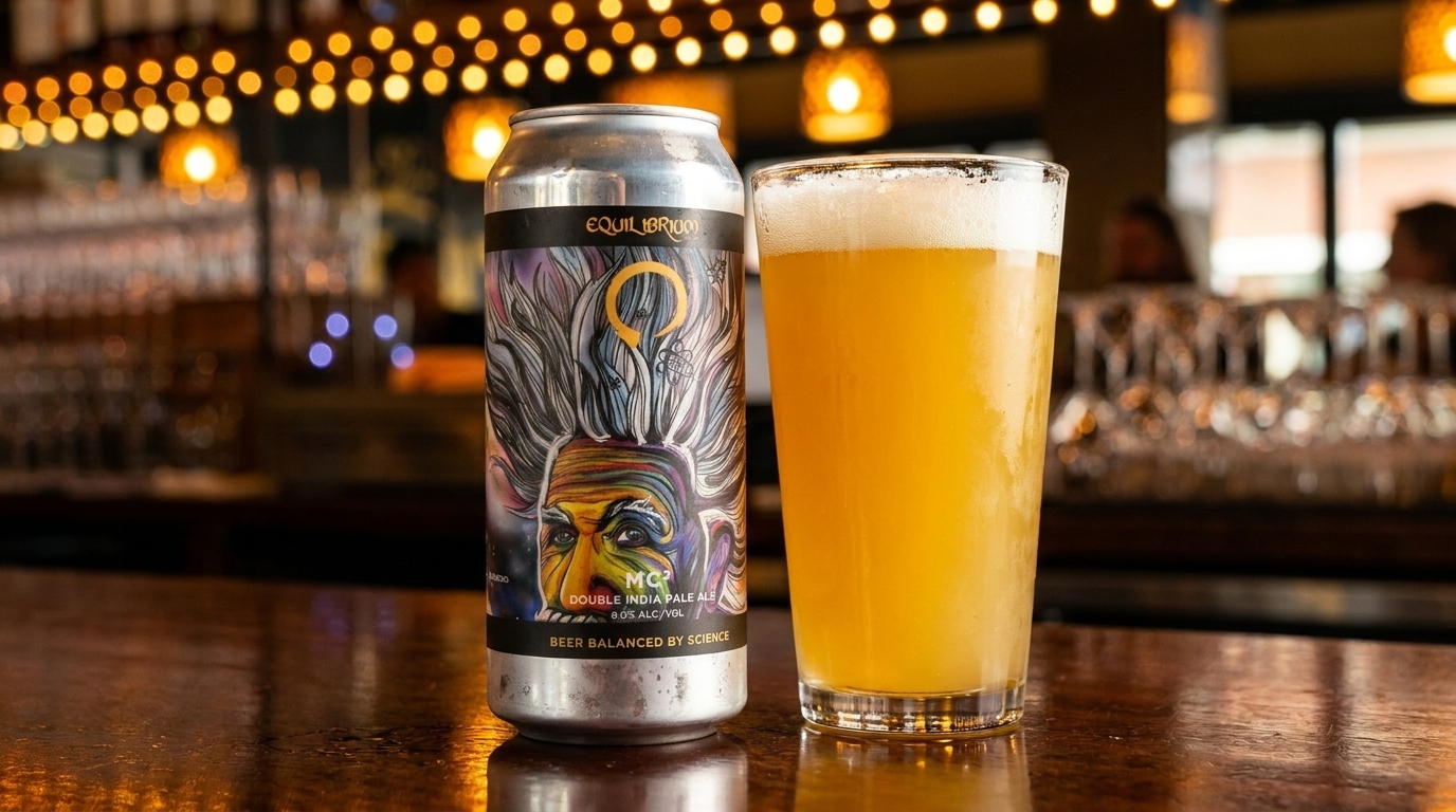 A can of Equilibrium MC2 Double India Pale Ale next to a glass of beer on a bar.