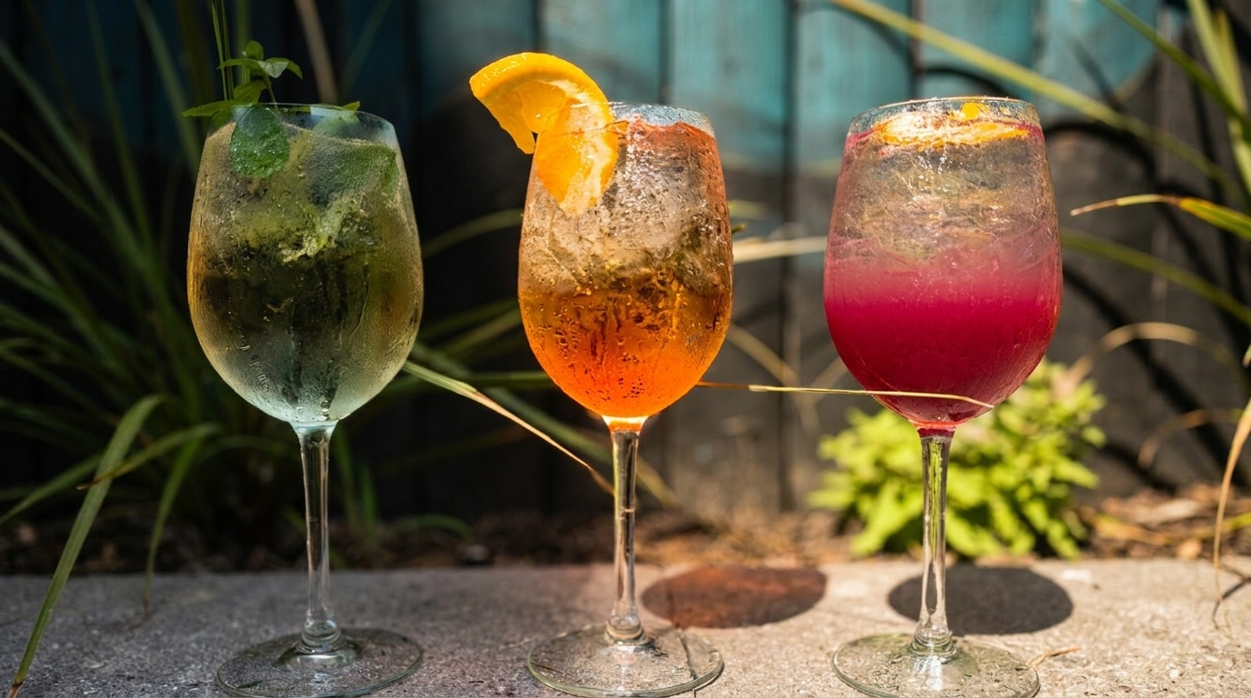Three vibrant cocktails, green, orange, and red, in wine glasses on a stone surface outdoors.