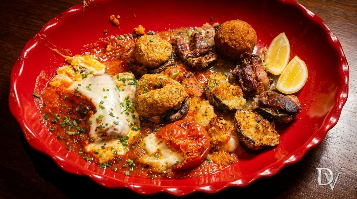 A red platter filled with various baked appetizers, including stuffed mushrooms, oysters, and mozzarella.