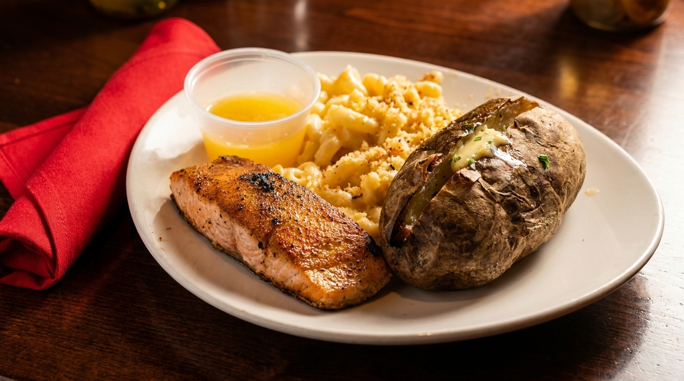 Grilled salmon, baked potato with butter and chives, and macaroni and cheese on a white plate.