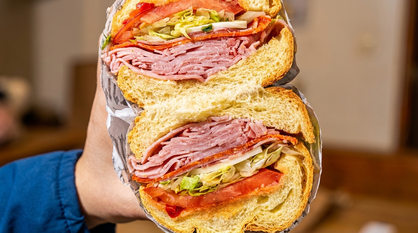 A person holding a large deli sandwich, cut in half, revealing layers of meat, cheese, and vegetables.
