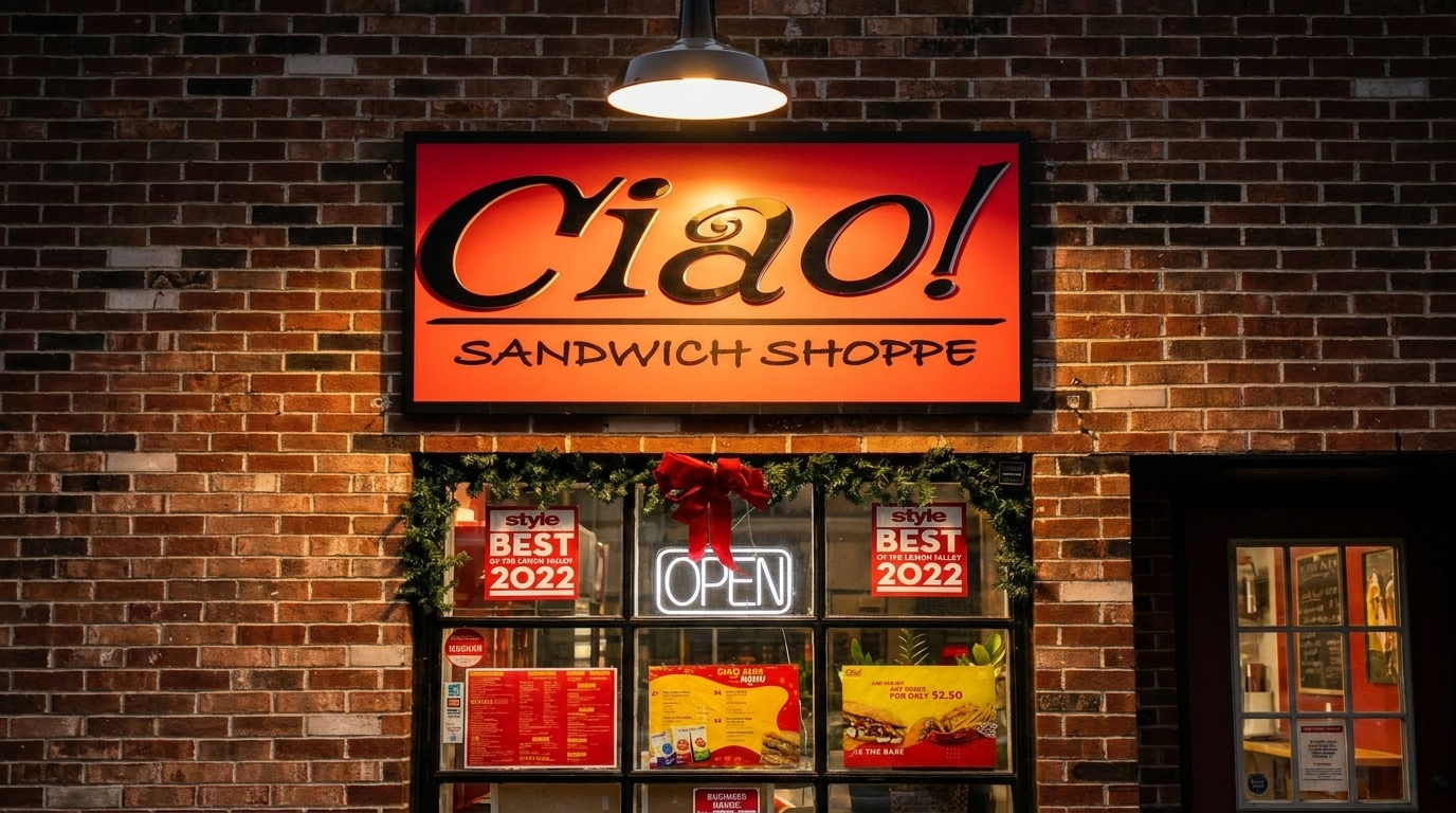 Ciao! Sandwich Shoppe storefront with a bright red sign, festive garland, and "OPEN" neon sign.