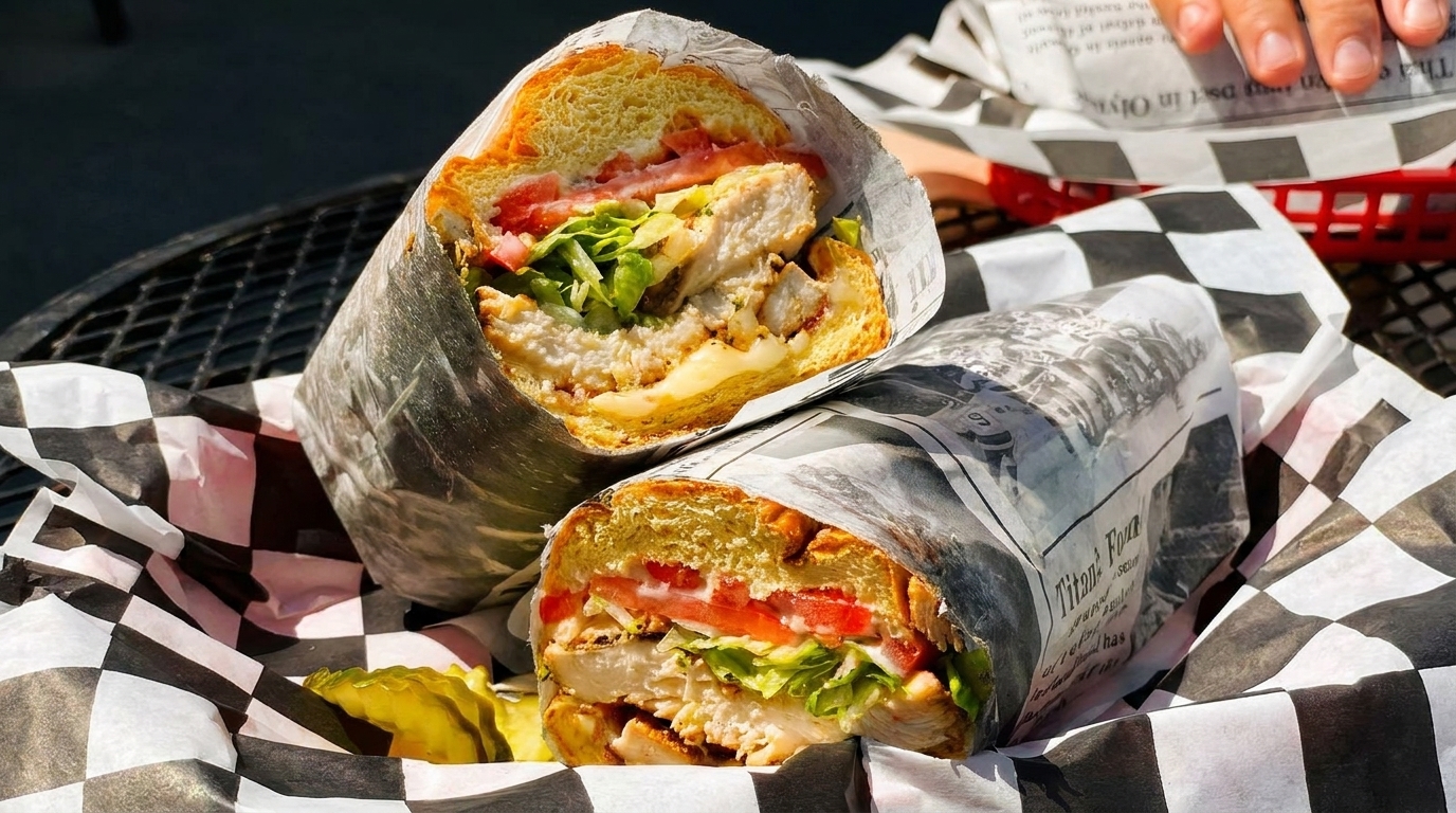 Two large chicken sandwiches with lettuce, tomato, and cheese, wrapped in paper, in a checkered basket.