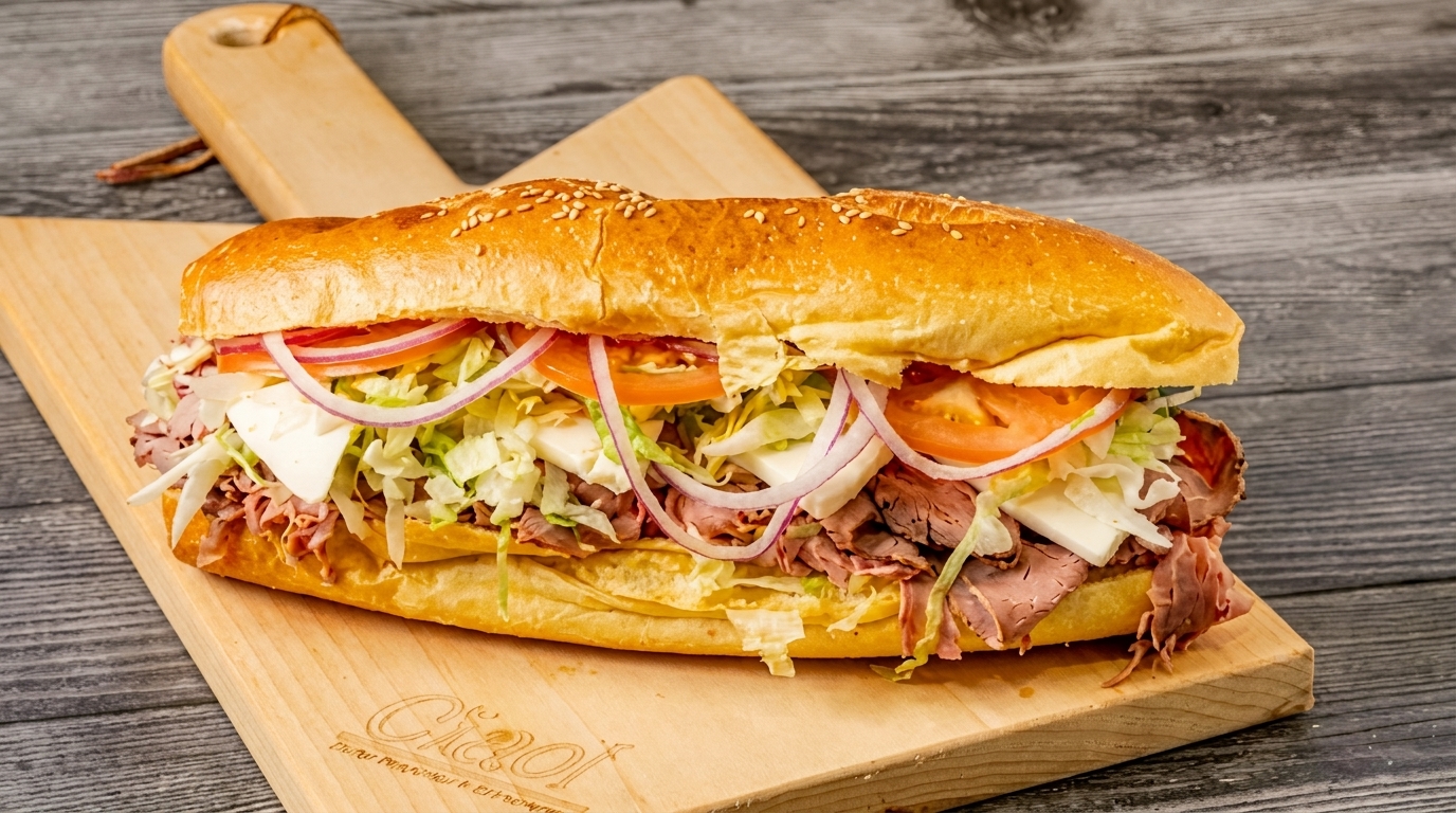 Roast beef sub sandwich with lettuce, tomato, onion, and cheese on a wooden cutting board.