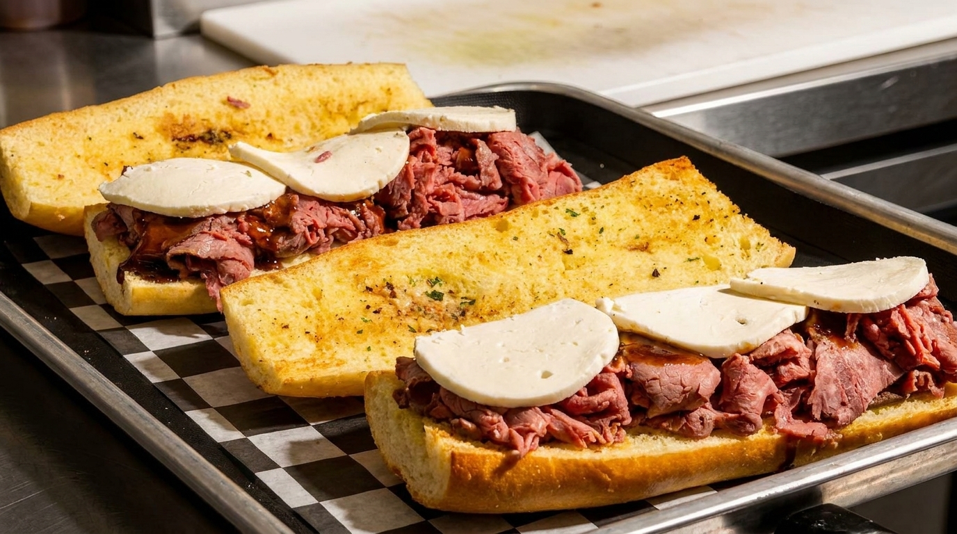 Two open-faced roast beef sandwiches with mozzarella cheese on toasted garlic bread in a metal tray.