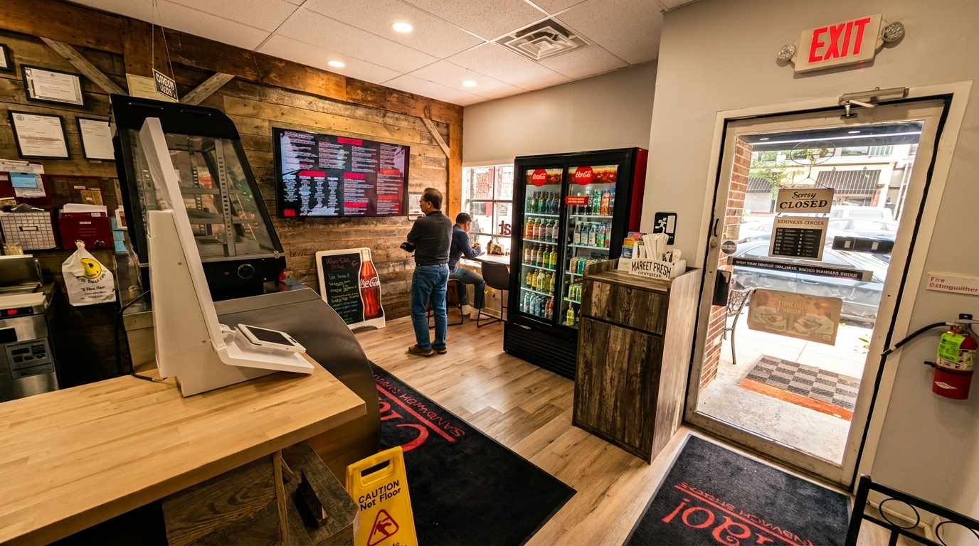Interior of a sandwich shop with customers, a menu board, and a drink cooler.