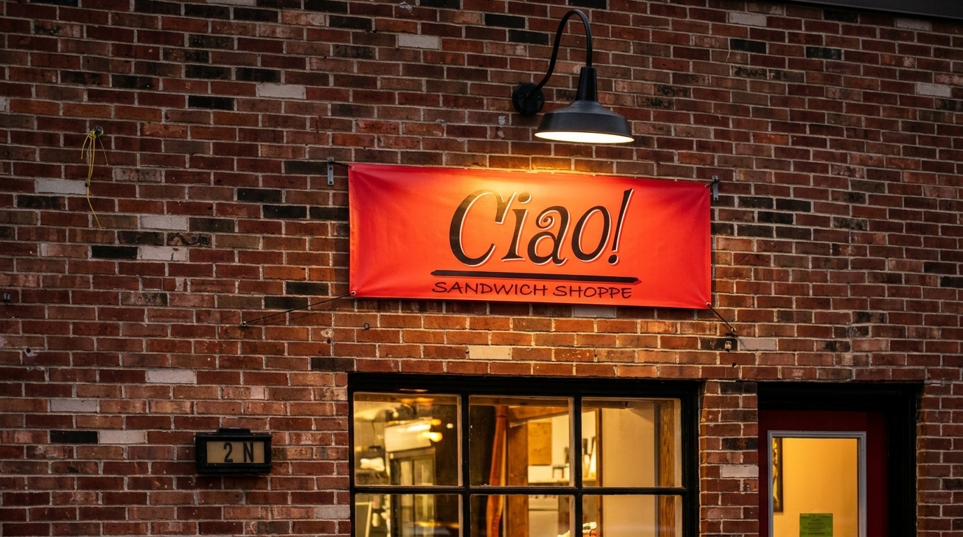Red "Ciao! Sandwich Shoppe" banner on a brick building, illuminated by an overhead light.