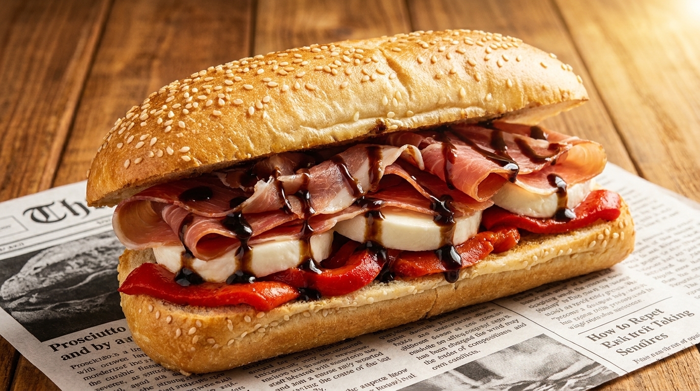 A delicious prosciutto, mozzarella, and roasted red pepper sandwich drizzled with balsamic glaze.