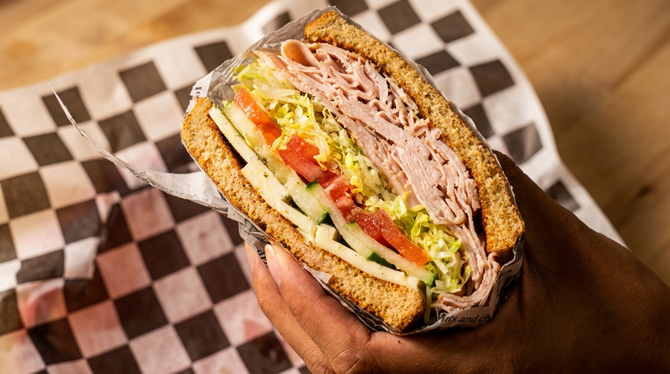 Hand holding a turkey sandwich with lettuce, tomato, cucumber, and cheese on whole wheat bread.