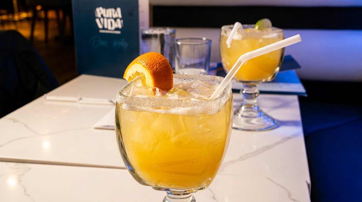 Two Pura Vida margaritas with orange and lime garnishes on a white marble table.