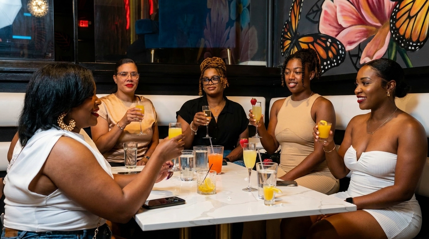 Five women enjoying drinks and conversation at a restaurant table with a butterfly mural.