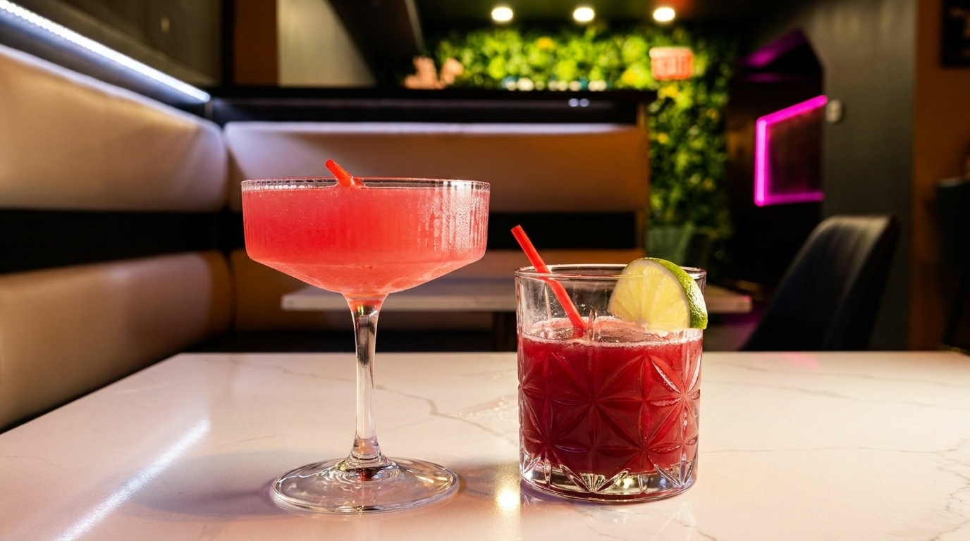 Two vibrant cocktails, one pink and one red with a lime, on a white table in a dimly lit restaurant.