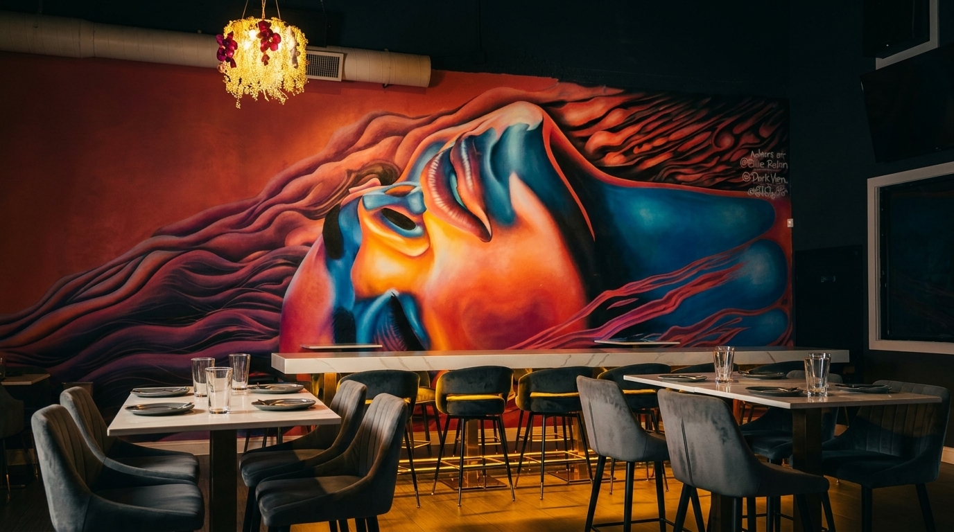 Restaurant interior with a vibrant mural of a woman's face, modern tables, and bar seating.