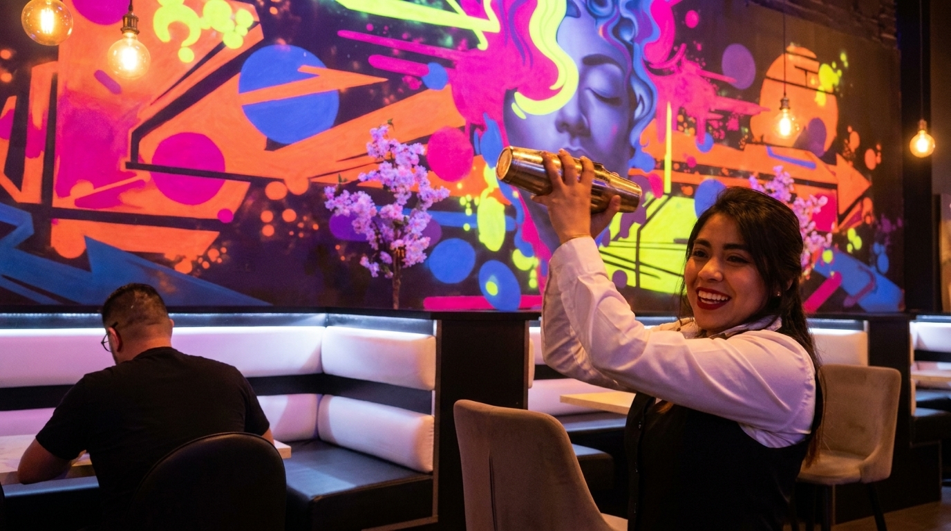 Smiling bartender shaking a cocktail in a vibrant restaurant with neon graffiti art and a seated customer.