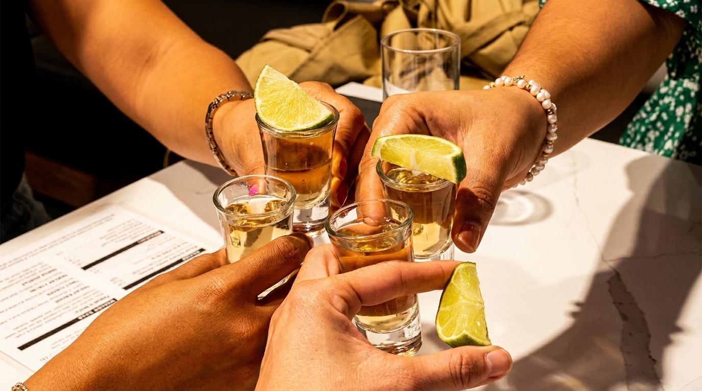 Four hands holding shot glasses filled with amber liquid and garnished with lime wedges.