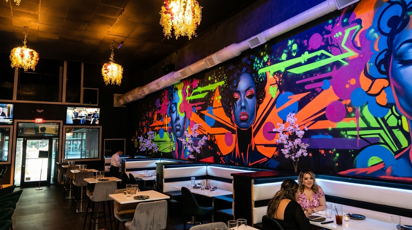 Restaurant interior with vibrant neon mural, modern seating, and two women dining.