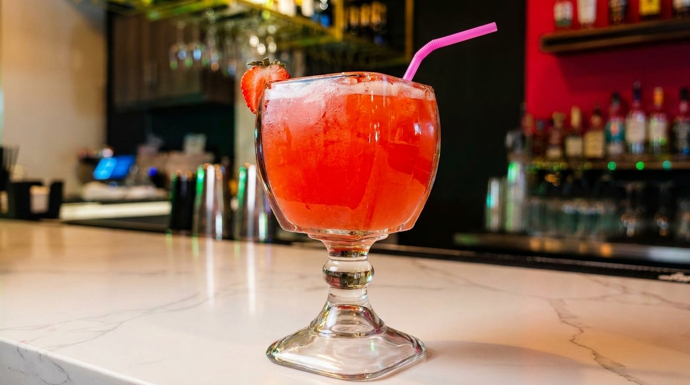 A vibrant red strawberry margarita with a pink straw sits on a white marble bar.