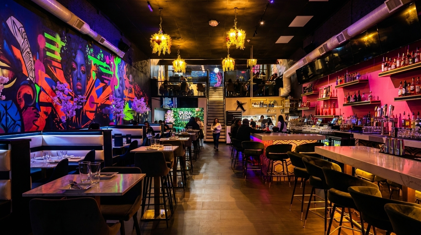 Vibrant restaurant interior with a colorful mural, bar, dining tables, and a mezzanine level.