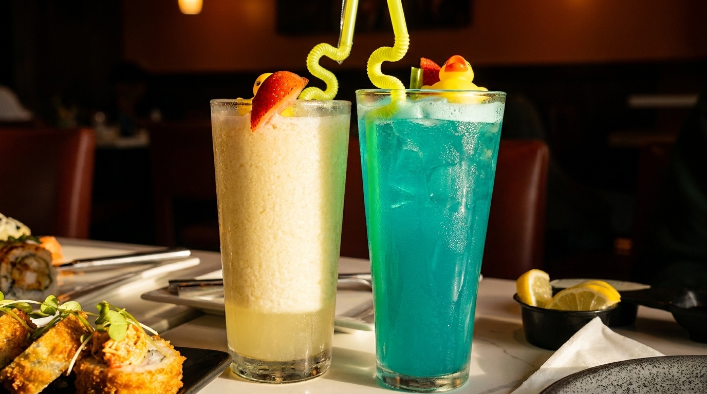 Two colorful cocktails, one yellow and one blue, with sushi rolls on a restaurant table.