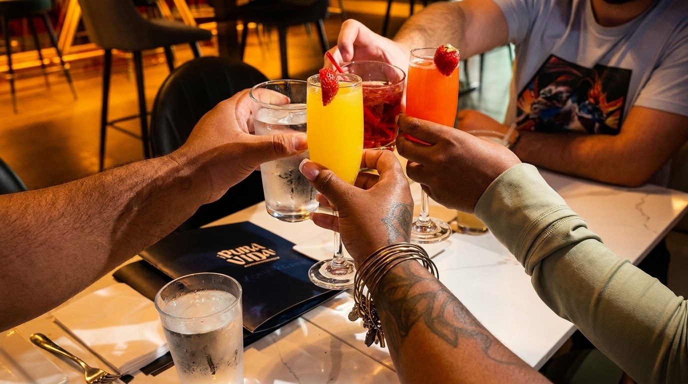 Four people clinking glasses of colorful drinks, including mimosas and water, at a restaurant table.