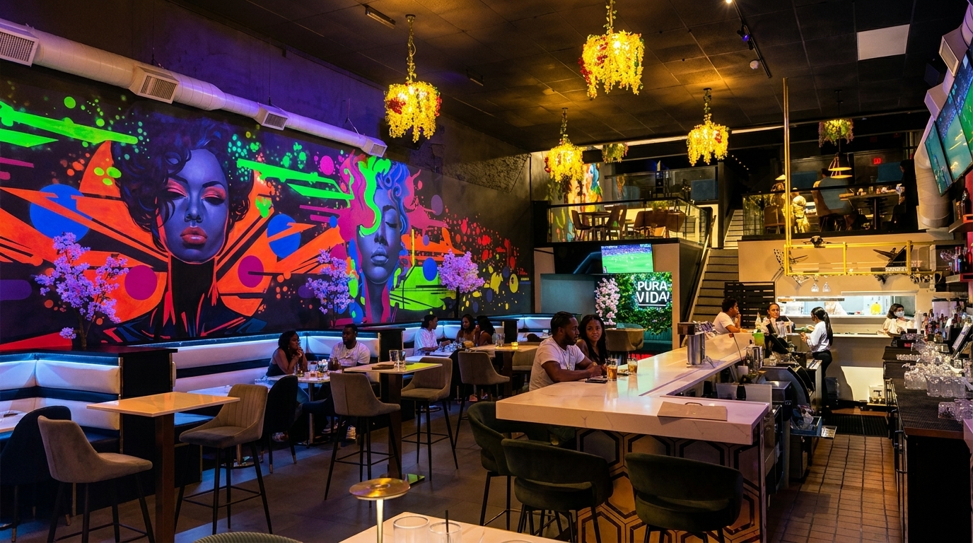 Vibrant restaurant interior with a large neon mural, patrons dining, and a busy bar area.