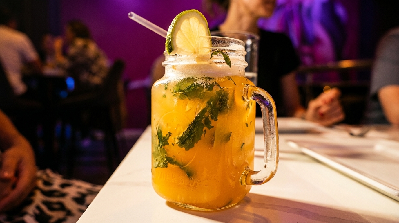 A refreshing yellow drink with mint and a lime slice in a mason jar on a restaurant table.