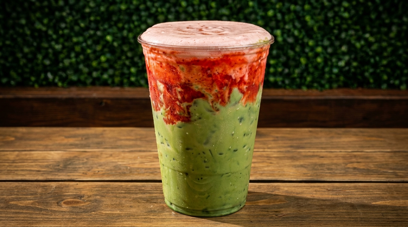 A vibrant green matcha drink with red strawberry puree and pink foam on a wooden table.