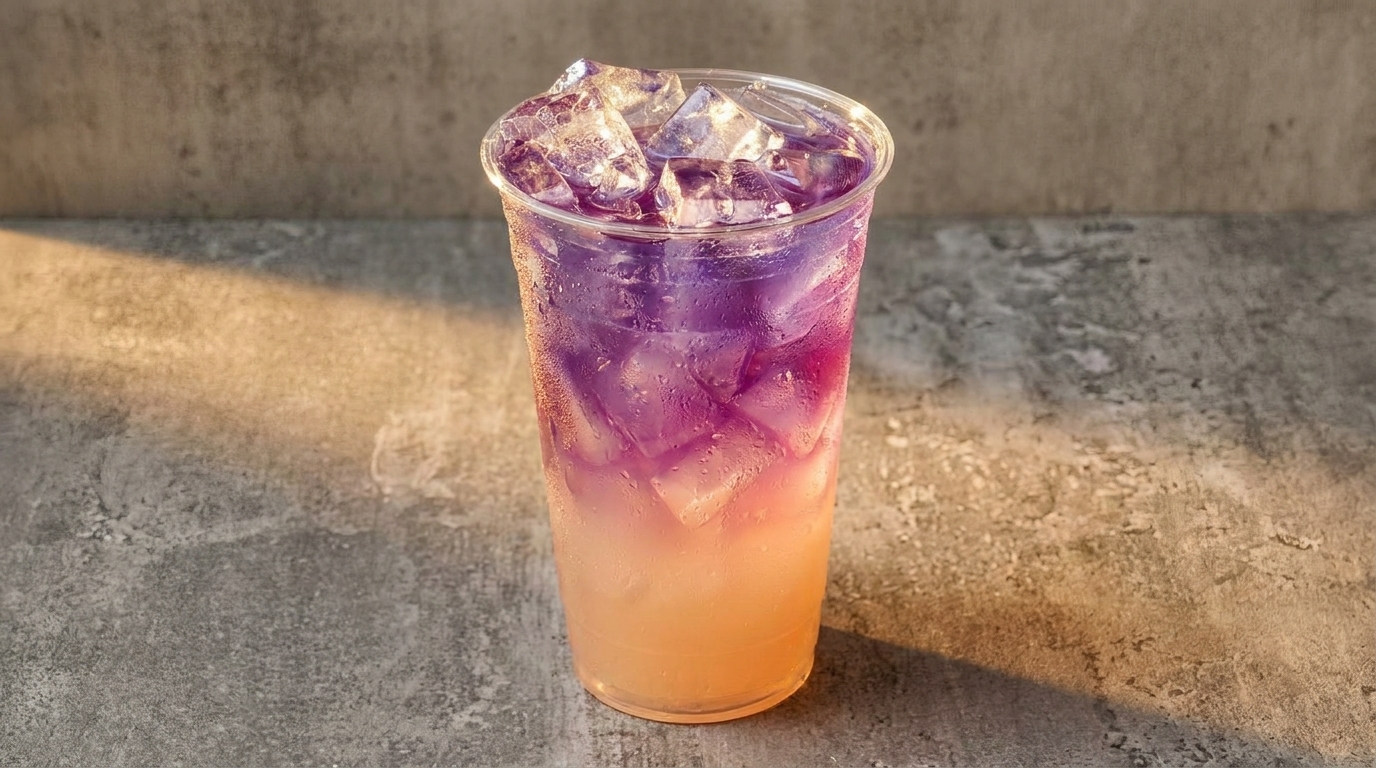 A vibrant purple and orange layered drink with ice in a clear plastic cup on a concrete surface.