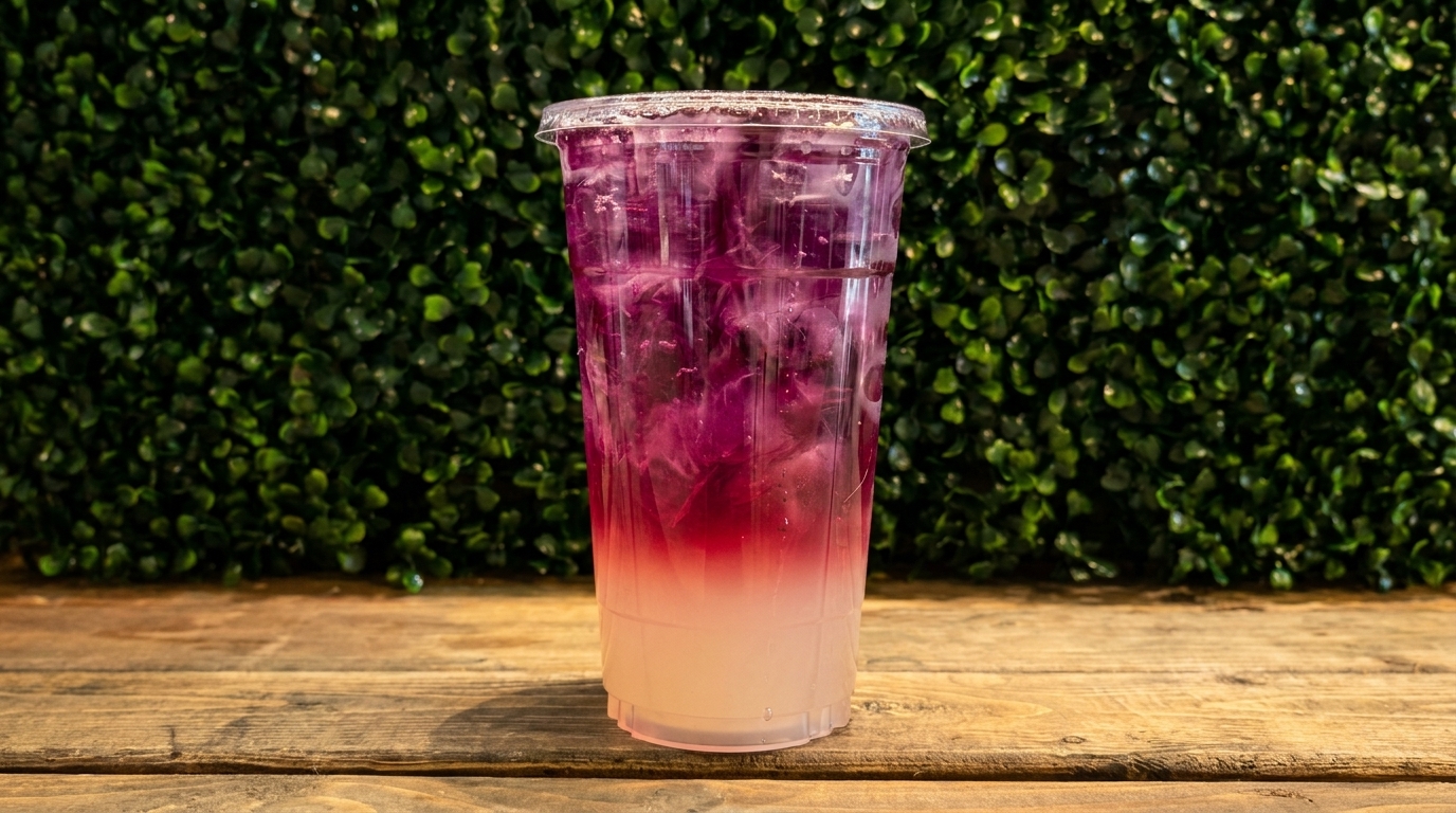 A vibrant purple and white layered drink with ice in a clear plastic cup on a wooden table.